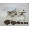 Vintage Kitchen Scale complete with enamel bowl and set of cast iron weights in oz and pounds.