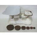 Vintage Kitchen Scale complete with enamel bowl and set of cast iron weights in oz and pounds.