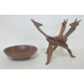 Beautifully Carved Stand with Buck Heads, supporting wooden bowl