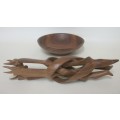 Beautifully Carved Stand with Buck Heads, supporting wooden bowl