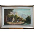 JL Faure (Sa 1931 - ) Oil on Board of a Cape homestead and Mountains - Large 94x64cm