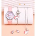 Cross-border 5pcs/set Pink Unicorn Student Quartz Watch With Necklace, Earrings, Bracelet Set For Gi