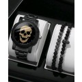 3pcs Fashionable Personality Skull Head Round Steel Band Men`s Quartz Watch And Beaded Bracelet Set
