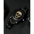3pcs Fashionable Personality Skull Head Round Steel Band Men`s Quartz Watch And Beaded Bracelet Set