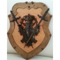 vintage BRONZE ITALIAN COAT of ARMS CREST on WOOD SHIELD for your man cave - swords are very sharp !