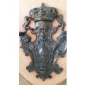 vintage BRONZE ITALIAN COAT of ARMS CREST on WOOD SHIELD for your man cave - swords are very sharp !