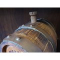 lovely small OAK WINE BARREL with stopper, brass hoops, brass tap and stand