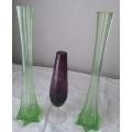 3 x vintage glass vases...green and amathyst colours