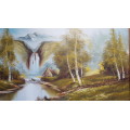Beautiful, large original painting of an Autumn waterfall.