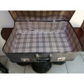 Large grey expandable vintage suitcase.