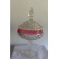 Gorgeous Large Cut Glass Bowl with Lid and Red Band on a Pedestal