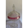 Gorgeous Large Cut Glass Bowl with Lid and Red Band on a Pedestal