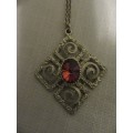 Vintage White Metal & Crystal Pendant with Chain
