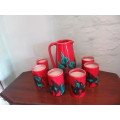 Mid Centuary Style Red and Teal Jug With Matching Tumblers x 6
