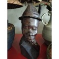 Wooden African Bust with a man with a Hat