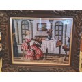 Pair of Beautifully Framed Ornate Gold Frames with Tapestries of Victorian Style Woman