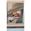 Chinese Man Smoking a Pipe original Acrylic Painting on Tobacco Leaf