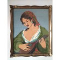 Framed Tapestry of Girl playing an Instrument.