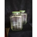 Vintage Pair of Glass Storage Jars With Green Lids