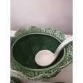 Large Caldas shaped Cabbage Leaf Bowl with Lid & ladel with 2 matching small Bowls