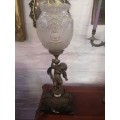 Antique Italian Bronze Cherub Lamp with Original Glass Shade