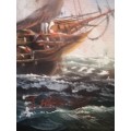 Painting of War Ships by J. Harvey framed