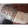Large Antique Powder Horn with silver plate Embellishments.