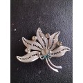 Silver Filagree Leaf Brooch with Crystal Stones