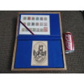 wood box ZAR  22ct gold and .925 silver and bronze coins and set of stamps and post card see below