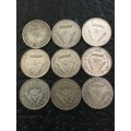 COLLECTION OF NINE THREEPENCE FROM 1951 TO 1959