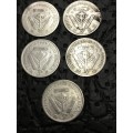 COLLECTION OF 5 UNION OF SOUTH AFRICA THREEPENCE (1941, 1942, 1943, 1945 & 1950)