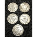 COLLECTION OF 5 UNION OF SOUTH AFRICA THREEPENCE (1941, 1942, 1943, 1945 & 1950)