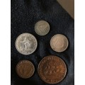 COLLECTION OF 5 UNION OF SOUTH AFRICA 1953 COINS ( 1 SHILLING, 6D, 3D, 1D & 1/4D)