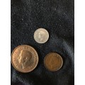 COLLECTION OF 3 UNION OF SOUTH AFRICA 1945 COINS (3D, 1D & 1/4D)