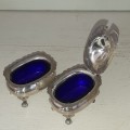 Small EPNS Mustard and Salt Pots with Blue Glass