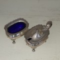 Small EPNS Mustard and Salt Pots with Blue Glass