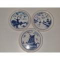 3 x Blue and White Ceramic Coasters