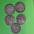 5 x 3D Threepence 1943, 1945, 1952, 1955 and 1957