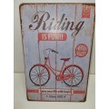 Rustic Tin Sign with bicycle detail - Riding is fun - 30cm x 20cm