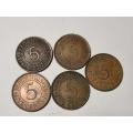 5 x Mauritius 5c coins