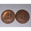 2 x 1955 1D coins