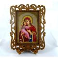 Traditional Russian Icon of Mother Marry "Madonna of Vladimir" in Carving Plywood Frame with Stand.