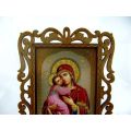 Traditional Russian Icon of Mother Marry "Madonna of Vladimir" in Carving Plywood Frame with Stand.