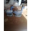 2 x white and blue ceramic ducks