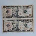 UNC 2009 10 US Dollar Notes (Lot of 2) In Sequence #N0002