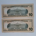 UNC 2009 10 US Dollar Notes (Lot of 2) In Sequence #N0002
