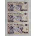 UNC 1992 Zambian 100 Kwacha (3 Notes) In Sequence #N0003