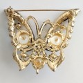 Gold Pearl and Diamante Butterfly Costume Brooch #O0114