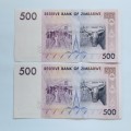 Set of Two 500 Dollars In Sequence Zimbabwe #N0042