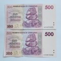 Set of Two 500 Dollars In Sequence Zimbabwe #N0042